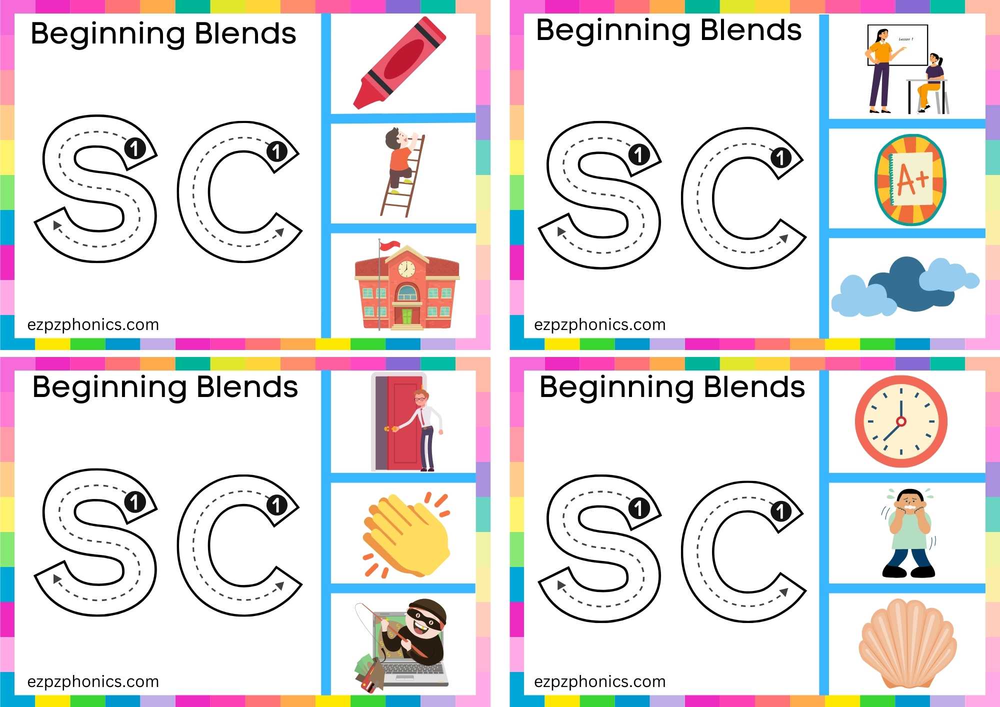 SC Beginning Blends Clip Cards Trace The Letters And Clip The Correct Image Set 1